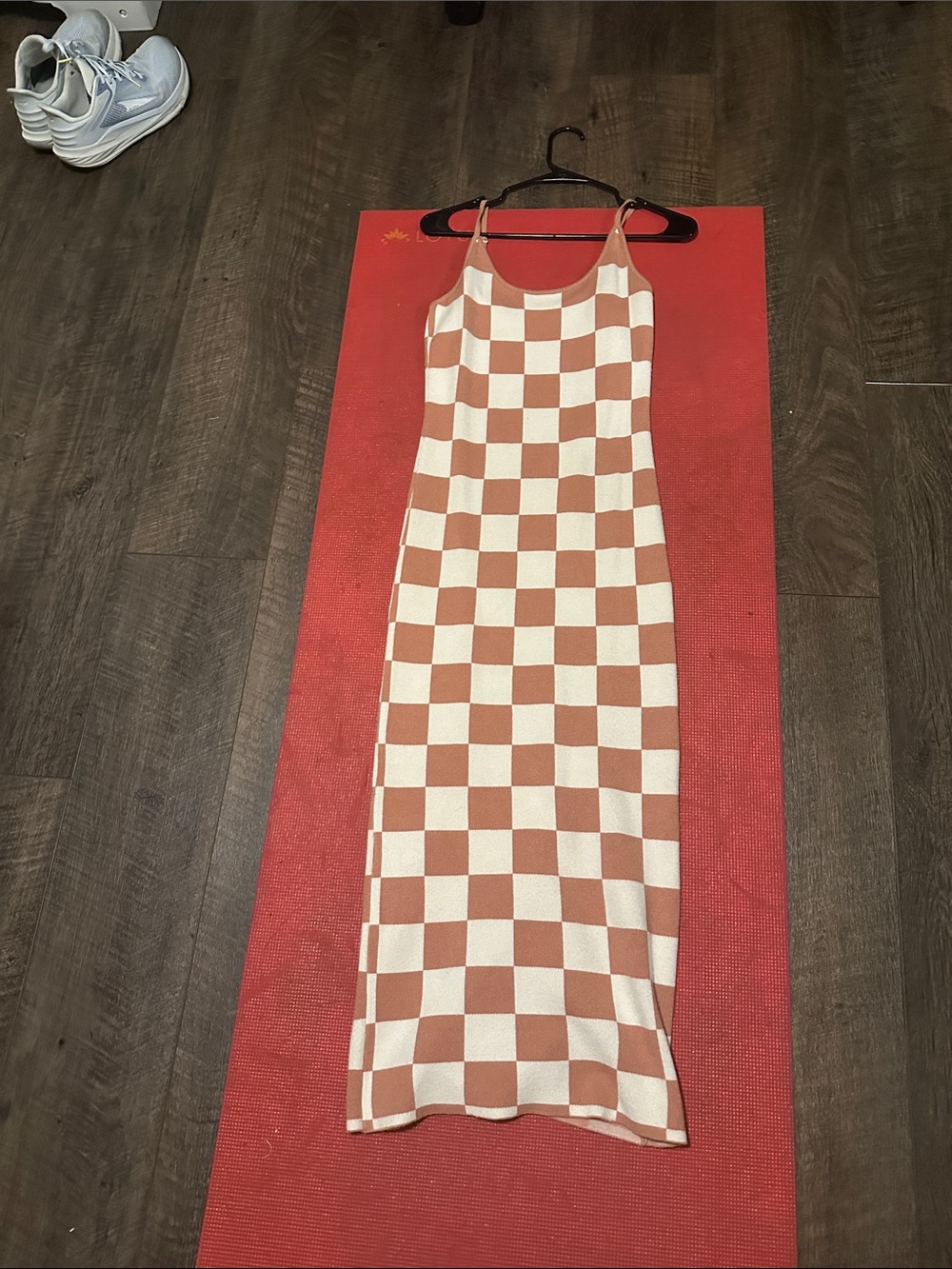 Sleeveless Checkerboard Midi Dress in Cream and Brown